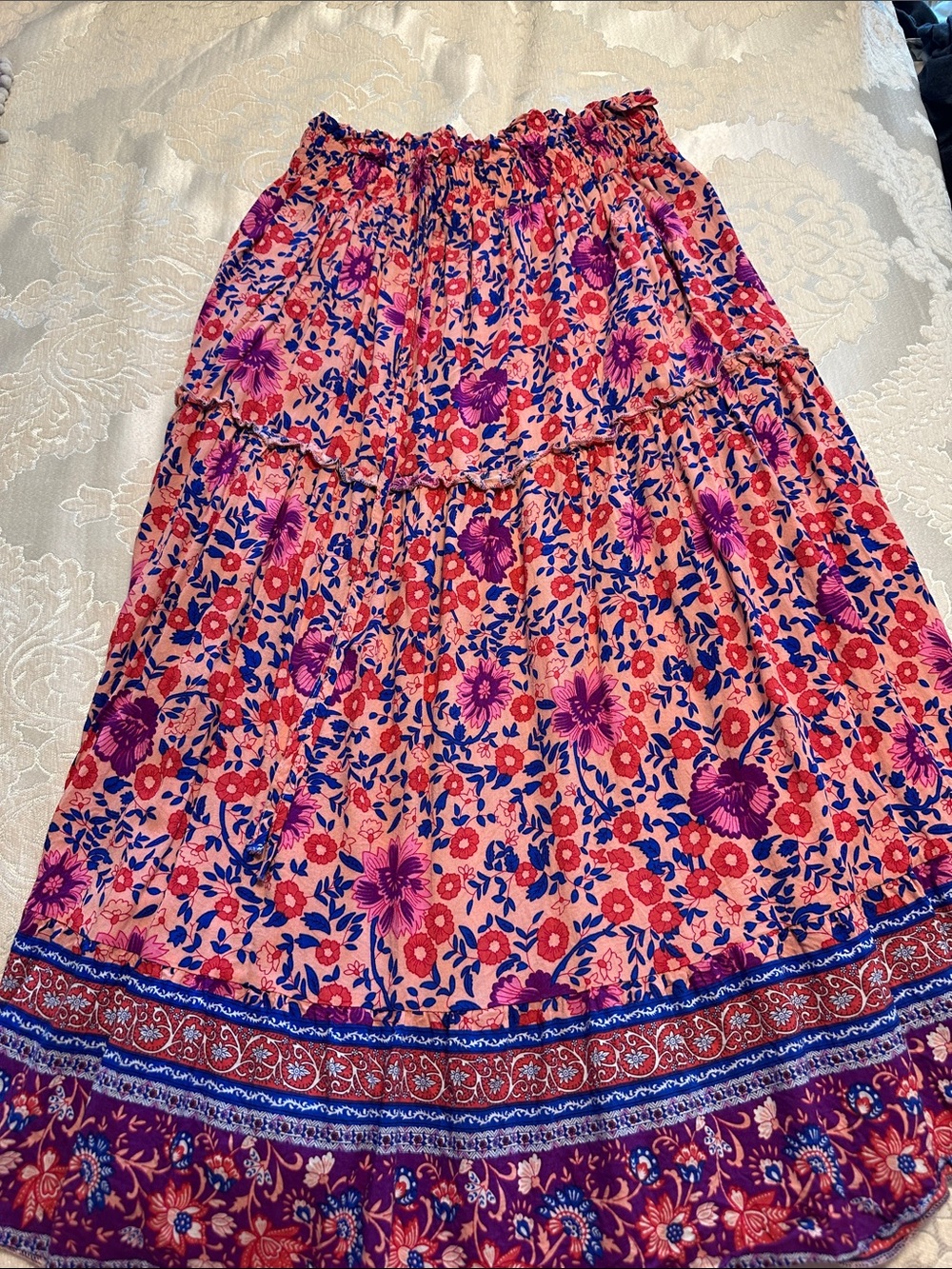 Pink Floral Tiered Maxi Skirt with Elastic Waist